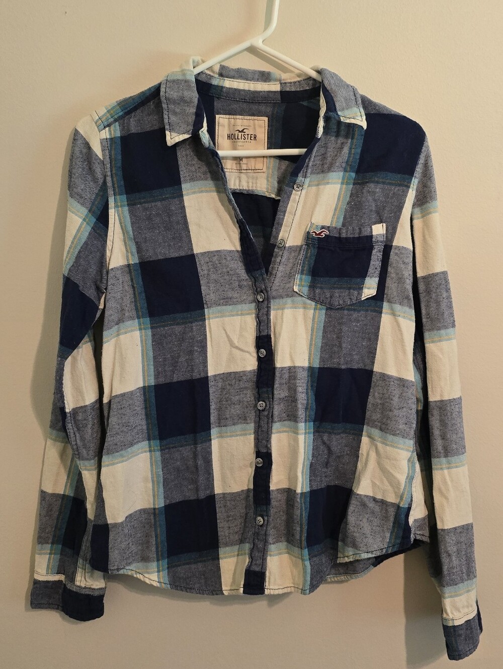Hollister Navy, Light Blue & Cream Plaid Button-Down Flannel Shirt